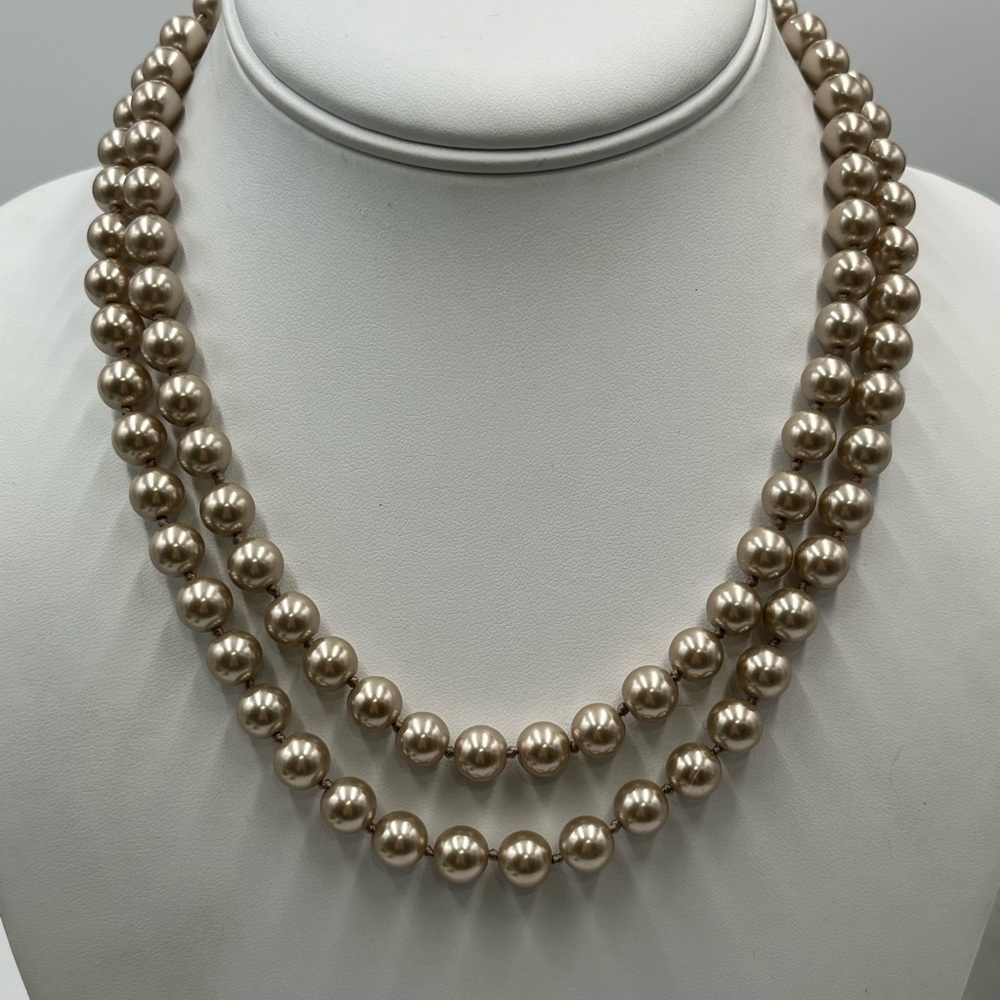 GIVENCHY Vintage Signed Taupe Faux Pearl Hand-knotted‎ Long Strand Necklace